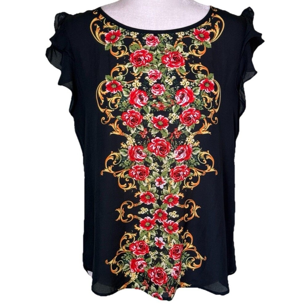 OLM Women’s Black Chiffon Romantic Artsy Office Going Out Ruffle Sleeve Top Lg